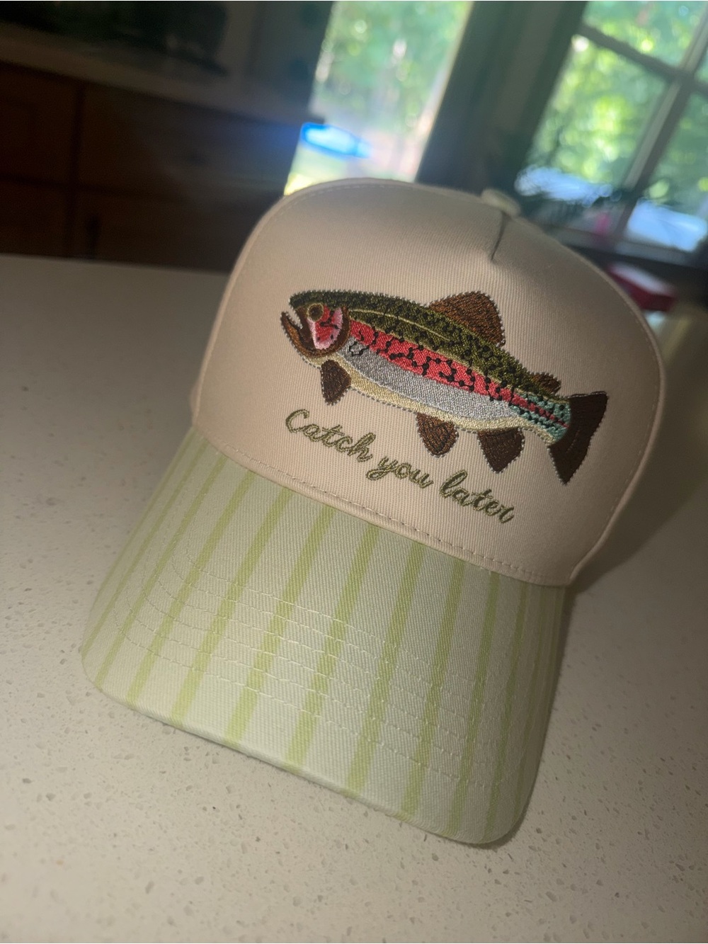 Catch You Later Embroidered Fish Trucker Hat - Light Pink & Light Green
